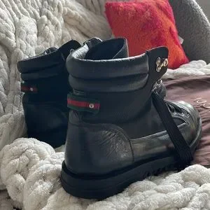 Gucci Mens Leather and Mesh Web Heel Boot US11 Gucci Web Stripe leather combat boots Gucci main image 4